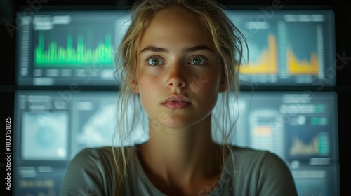 Free Download Confident Data Analyst Woman Reviewing Real Time Investment Graphs and Business Metrics on Advanced Computer Displays - GFXLoad