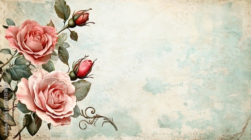 Vintage floral background with pink roses and buds on a textured blue background.