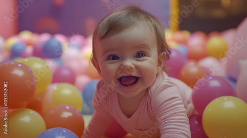 Joyful baby playing in colorful indoor play area with plastic balls, lively atmosphere