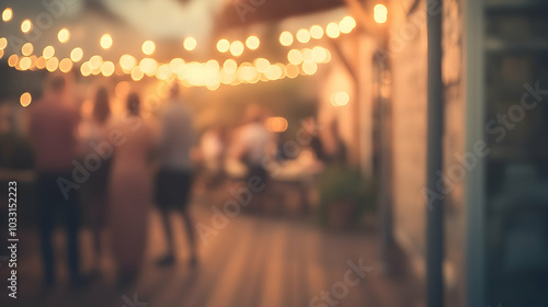 Warm outdoor evening gathering with blurred people and glowing string lights, cozy ambiance