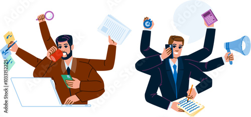 efficiency multitasking man vector. focus balance, stress time, skills concentration efficiency multitasking man character. people flat cartoon illustration