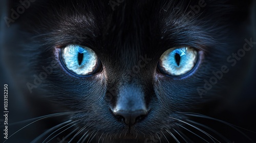 A stunning close-up of a black cat with striking white eyes