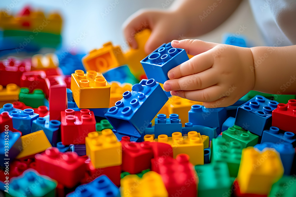 Child building with colorful interlocking blocks, playful and creative setting, joy of imagination Child building with colorful interlocking blocks, playful and creative setting, joy of imagination