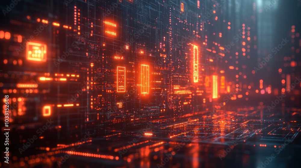 A futuristic digital landscape with glowing orange data patterns and circuitry. A futuristic digital landscape with glowing orange data patterns and circuitry.