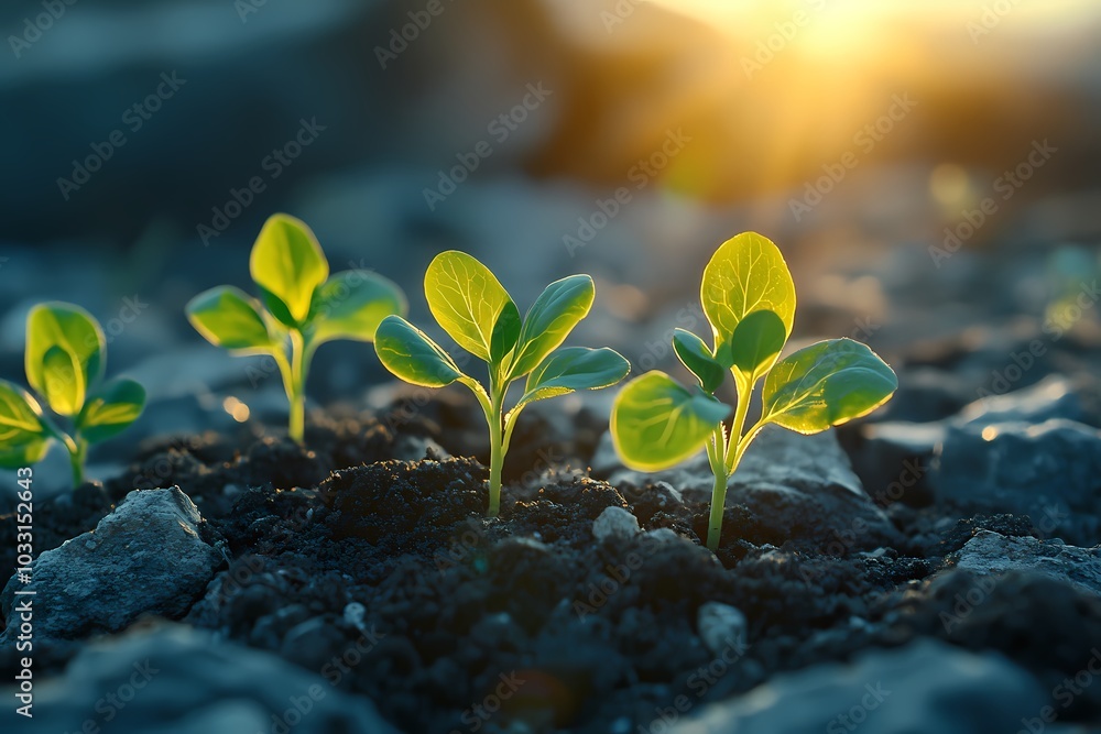 Soybean seedlings growing in the soil, with sunlight shining on them. The background is blurred and shows some other plants. Soybean seedlings growing in the soil, with sunlight shining on them. The background is blurred and shows some other plants.