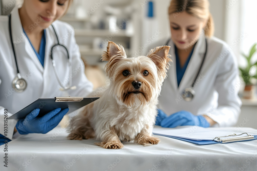 Veterinarians examining dog on table, professional and caring scene in veterinary clinic Veterinarians examining dog on table, professional and caring scene in veterinary clinic