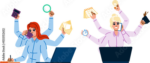 efficiency multitasking woman vector. balance focus, organization management, career family efficiency multitasking woman character. people flat cartoon illustration