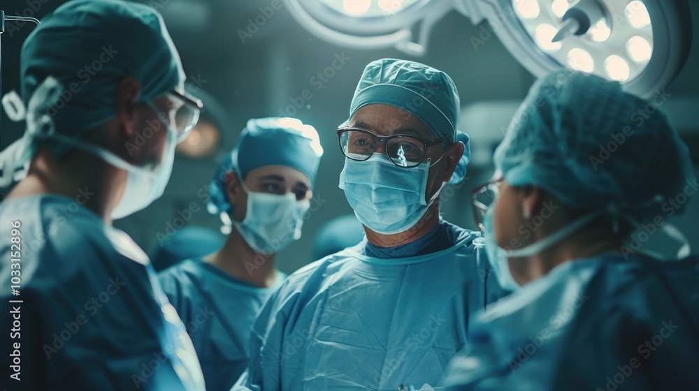 Dedicated Surgeons Collaborating on a Critical Medical Procedure in a Modern Operating Room Dedicated Surgeons Collaborating on a Critical Medical Procedure in a Modern Operating Room