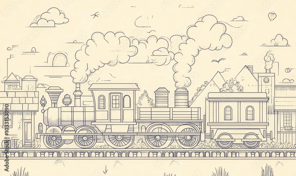 Train with smoke traveling through countryside. Train with smoke traveling through countryside.