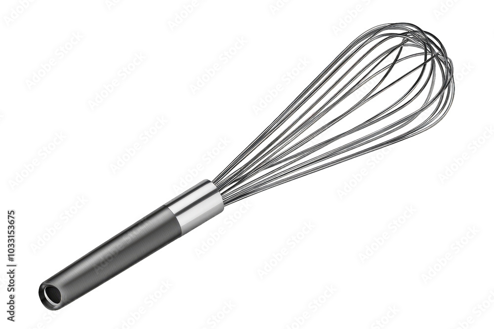 A sleek metal whisk designed for efficient mixing and beating in the kitchen, ideal for chefs and home cooks alike. A sleek metal whisk designed for efficient mixing and beating in the kitchen, ideal for chefs and home cooks alike.