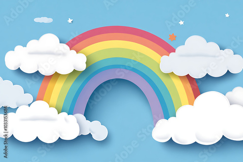 A colorful paper-cut style rainbow surrounded by fluffy clouds against a blue sky.