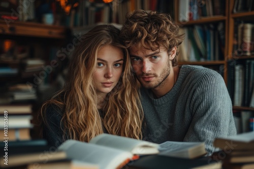 A couple poses together in a cozy library filled with books.