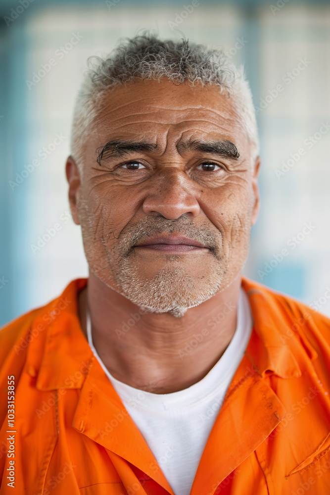 Obraz premium Mugshot of middle aged Maori man wearing orange jumpsuit and white t shirt in prison