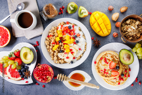 Wallpaper Mural healthy breakfast food table with muesli, fresh fruits, pancakes and coffee cup Torontodigital.ca