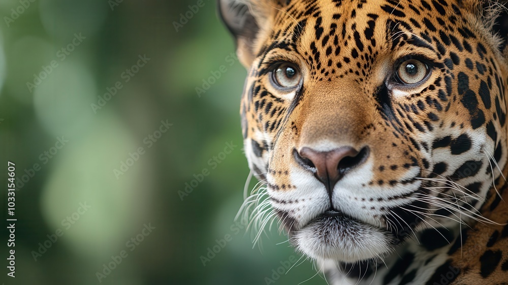 Detailed shot of a jaguar s face, highlighting its powerful jaw, sleek fur, and the intensity of its gaze in the forest Detailed shot of a jaguar s face, highlighting its powerful jaw, sleek fur, and the intensity of its gaze in the forest