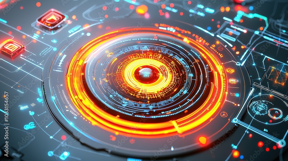 A close-up of the glowing interface of a smart home hub device, with a soft gray background enhancing its technological features. A close-up of the glowing interface of a smart home hub device, with a soft gray background enhancing its technological features.