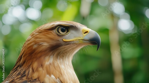 Shot of a Philippine eagle s face, emphasizing its powerful beak, sharp eyes, and the fine details of its feathers photo