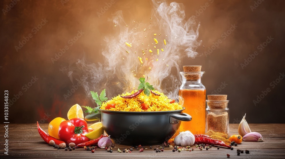 A cozy dining scene featuring a pot of biryani on a table, with steam rising and aromatic spices filling the air, enhancing the inviting atmosphere. A cozy dining scene featuring a pot of biryani on a table, with steam rising and aromatic spices filling the air, enhancing the inviting atmosphere.