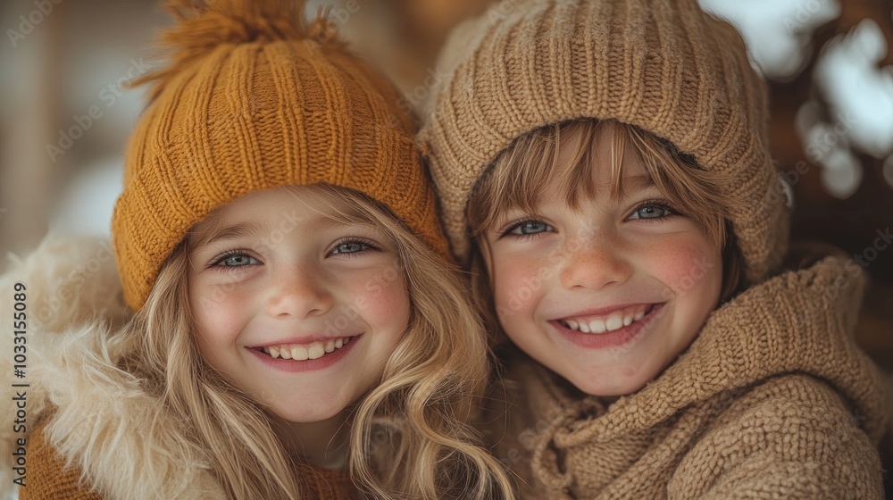 Two smiling children wearing cozy winter hats, sharing a joyful moment outdoors. Two smiling children wearing cozy winter hats, sharing a joyful moment outdoors.