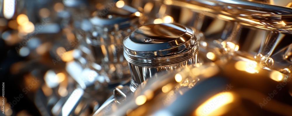 Fototapeta premium Close-Up of Chrome Engine Components with Reflections and Warm Light Accents