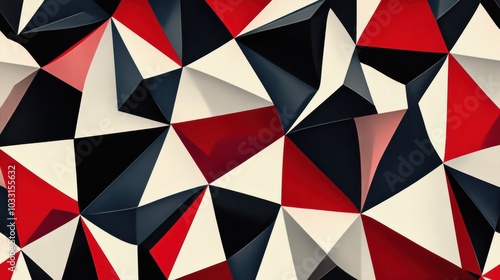 A seamless abstract geometric pattern with sharp triangles and bold contrasting colors like red, black, and white