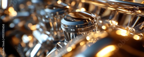 Close-Up of Chrome Engine Components with Reflections and Warm Light Accents