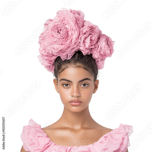 Model with pink flower headdress, white background photo