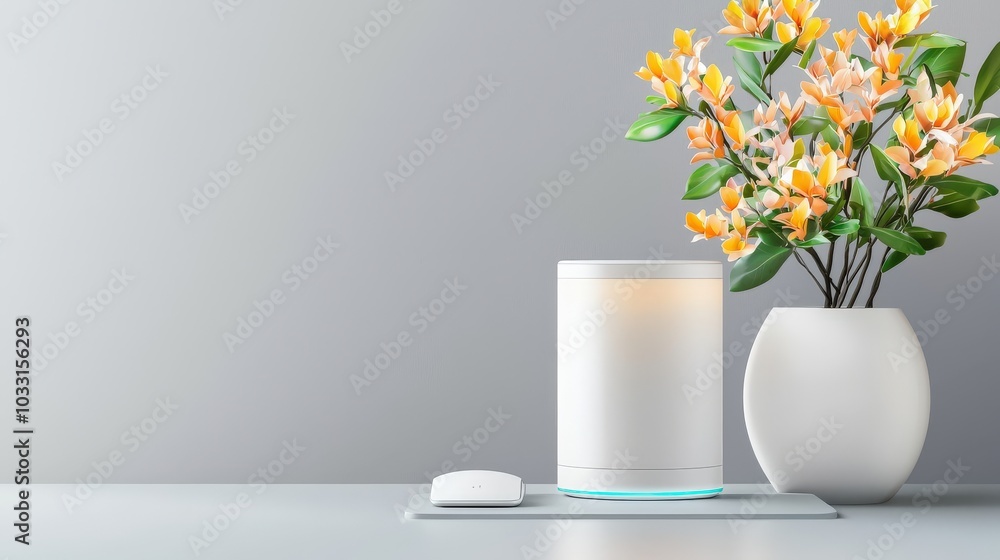 A smart home hub device softly illuminating a workspace on a gray background, symbolizing efficiency and modern connectivity in everyday life. A smart home hub device softly illuminating a workspace on a gray background, symbolizing efficiency and modern connectivity in everyday life.