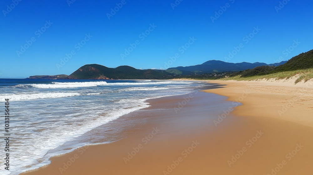 Breathtaking Coastal Landscape with Serene Beach and Mountains Breathtaking Coastal Landscape with Serene Beach and Mountains