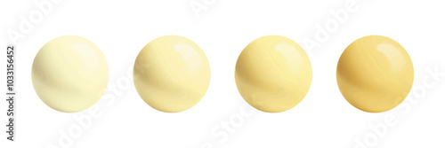 
This image shows four glossy spheres in different shades of yellow, transitioning from light to a deeper, richer hue. Each sphere has a smooth, reflective surface with soft shadows, giving them a lux