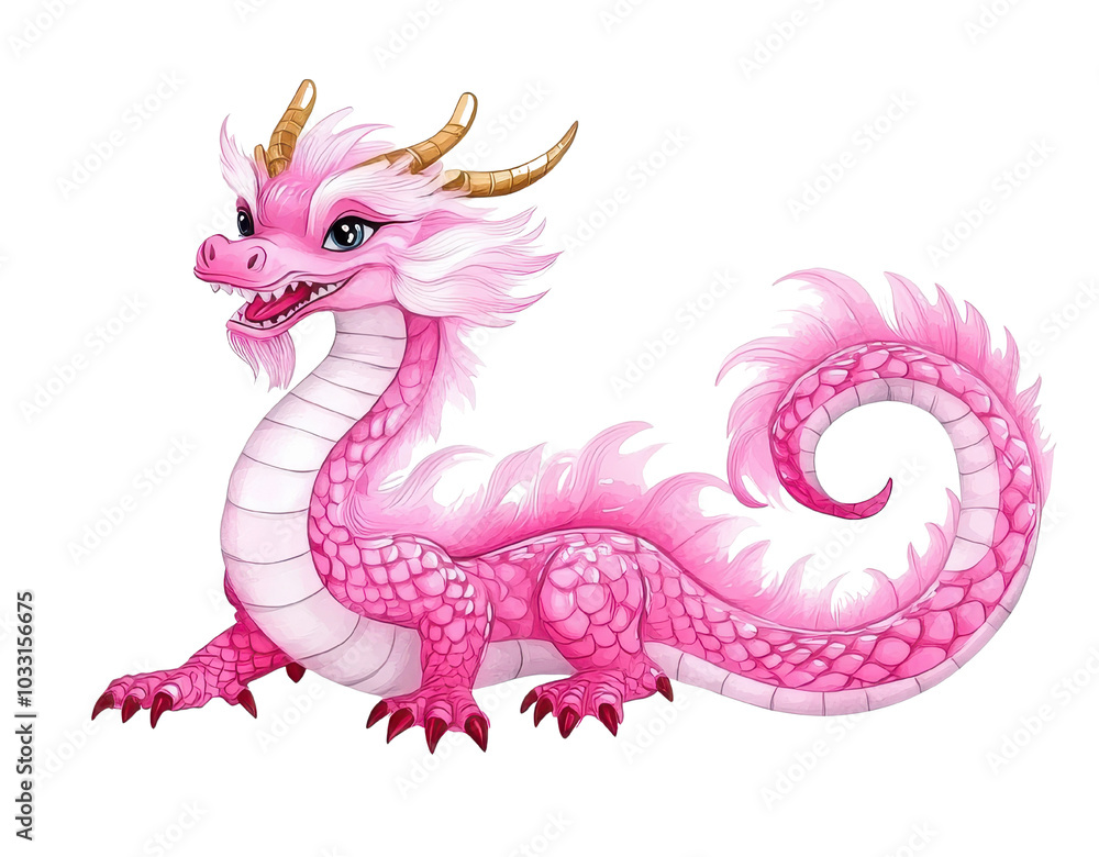 Fototapeta premium Mythical pink dragon, white background