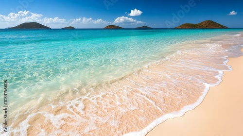 Fototapeta Naklejka Na Ścianę i Meble -  Tranquil Caribbean Beach with Turquoise Waters and Distant Islands
