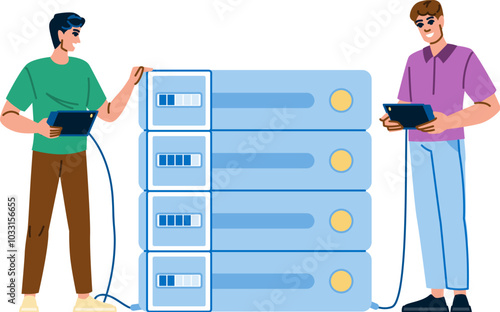 analysis scanning server vector. monitoring optimization, automation compliance, intrusion firewall analysis scanning server character. people flat cartoon illustration