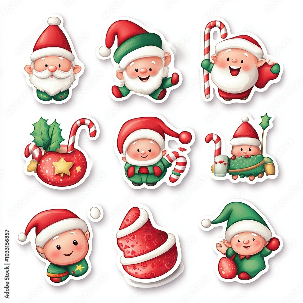 Nine Cartoon Christmas Stickers Featuring Santa Claus and Elves Nine Cartoon Christmas Stickers Featuring Santa Claus and Elves