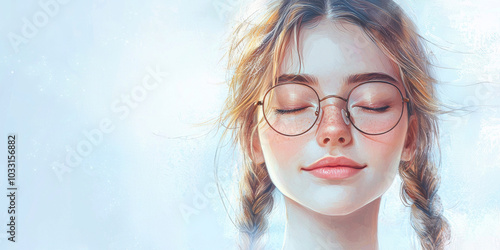 Portrait of a beautiful girl with glasses, a smile, and closed eyes, against a white background with light blue tones, generative AI