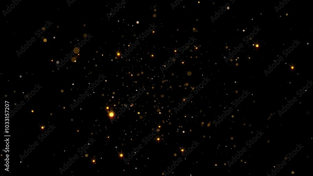 Abstract background with golden sparkles and bokeh lights on a black background.