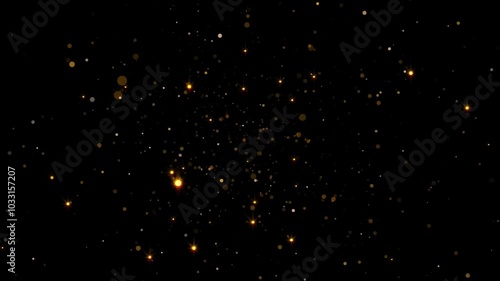 Abstract background with golden sparkles and bokeh lights on a black background.