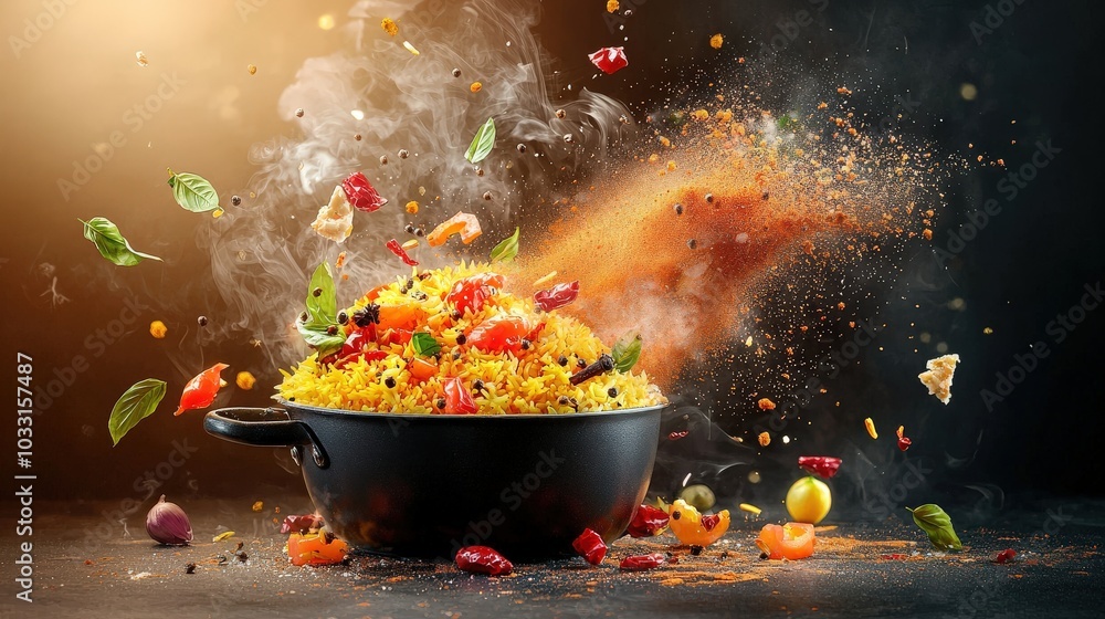 A vibrant image of a pot of biryani being served, with colorful spices and steam adding depth and warmth to the scene. A vibrant image of a pot of biryani being served, with colorful spices and steam adding depth and warmth to the scene.