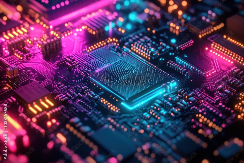 A vibrant close-up of a circuit board showcasing electronic components and neon lighting. A vibrant close-up of a circuit board showcasing electronic components and neon lighting.