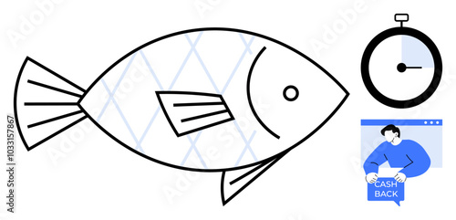Simple design of a fish, a stopwatch, and a cash back notification. Ideal for finance, e-commerce, shopping, time management, and aquatic themes. Modern, minimal, clean style