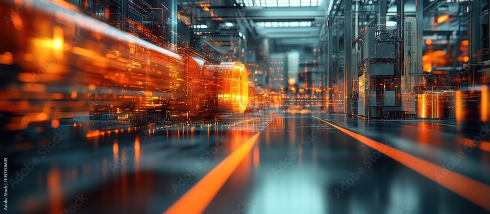 Futuristic industrial setting with glowing elements and a sleek, modern design. Futuristic industrial setting with glowing elements and a sleek, modern design.