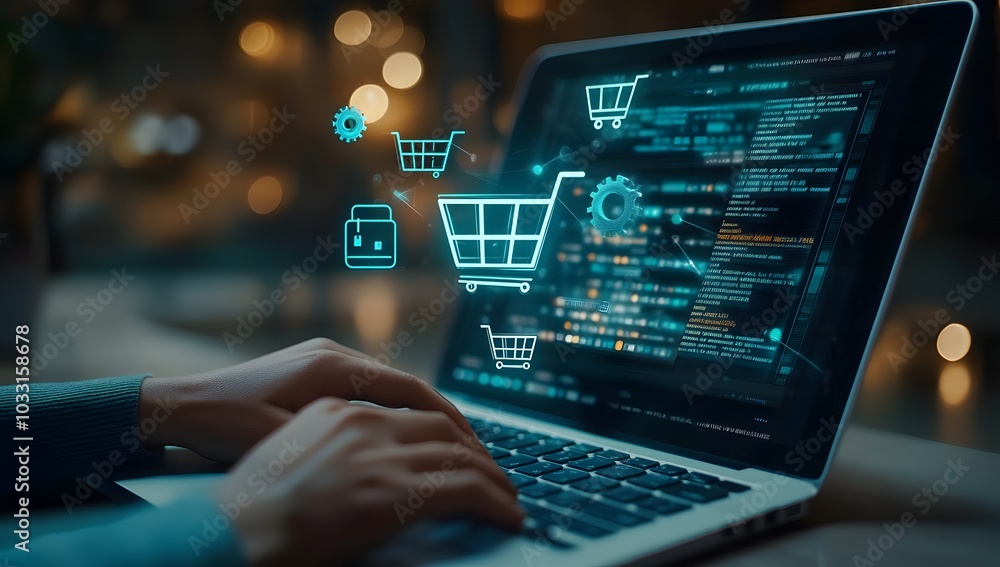 A person using their laptop to shop online, with icons of shopping carts and products floating above the screen A person using their laptop to shop online, with icons of shopping carts and products floating above the screen