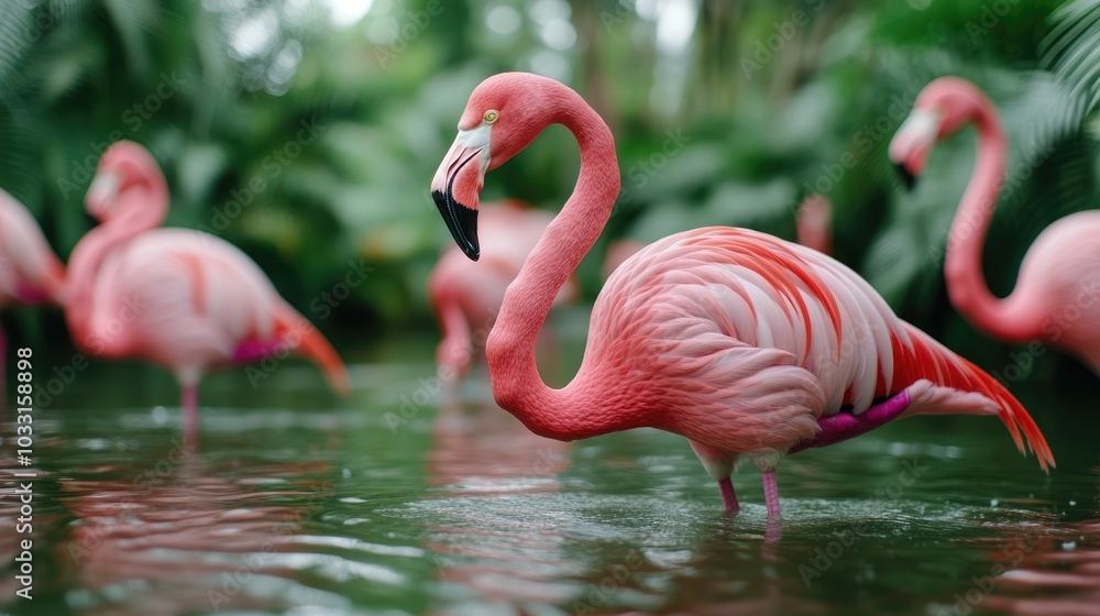 Fototapeta premium A Flock of Vibrant Pink Flamingos Wading Through a Lush Tropical Pond in a Zoo Exhibit Surrounded by Verdant Foliage and Serene Reflections in the Calm Water