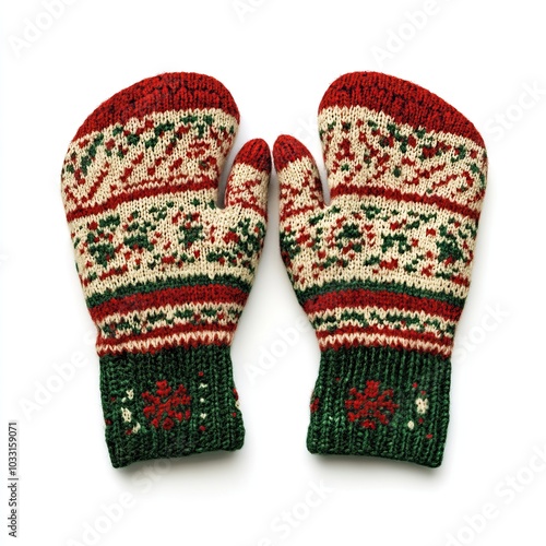 Pair of Red, Green, and White Knit Mittens with a Snowflake Pattern