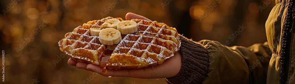 Warm Waffle Held in Hand with Bananas on Surface Warm Waffle Held in Hand with Bananas on Surface
