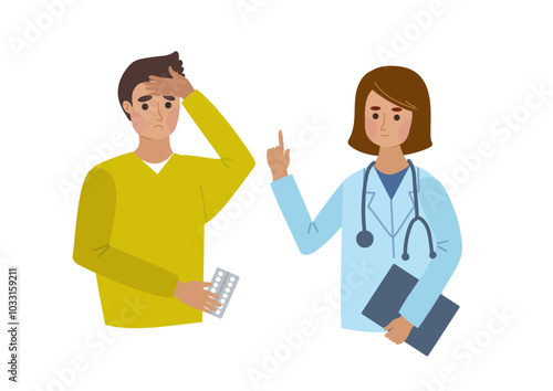 Cold weather illness symptoms infographic. Sick man character with pills in hands consult with doctor. Fall and winter season diseases infographic. Vector hand drawn flat cartoon illustration.