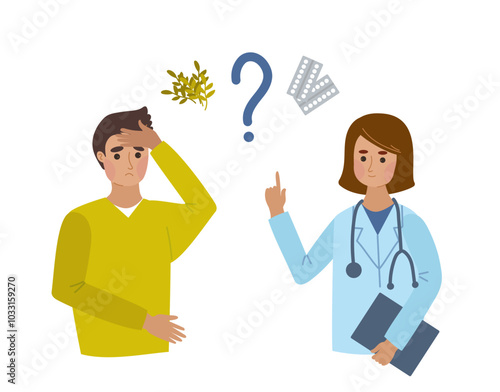 Homeopathic treatment and phytotherapy. Sick man consult with doctor. Herbal alternative medicine, pharmacy. Alternative medicine concept. Vector hand drawn flat cartoon illustration.