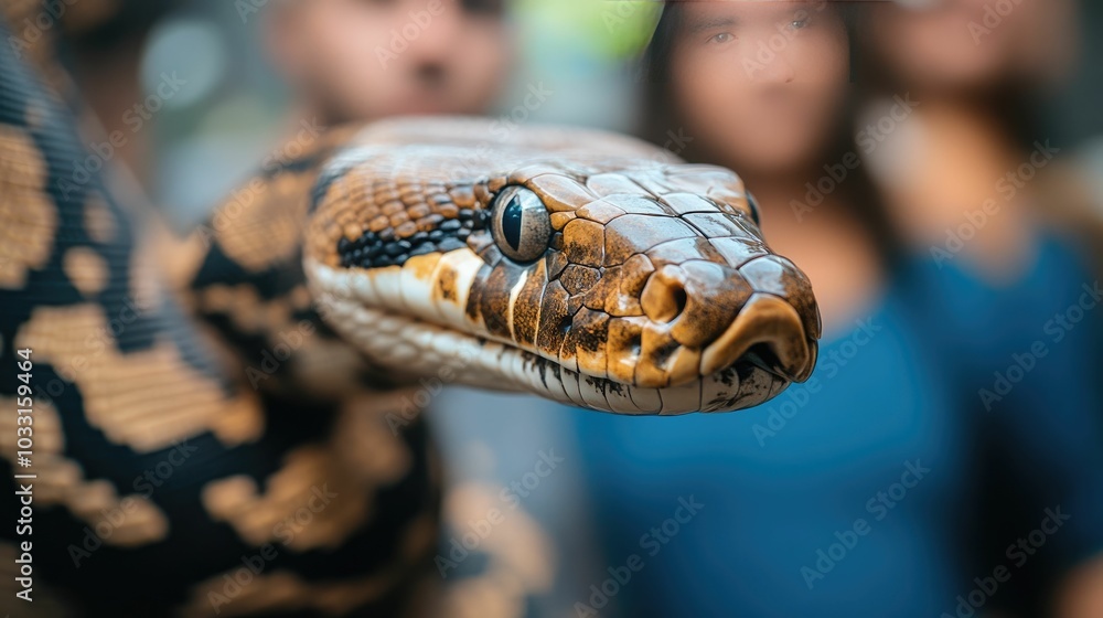 A massive coiled snake slithering in its glass enclosed exhibit at the zoo drawing curious and awestruck visitors gazing through the barrier at the captivating reptilian predator A massive coiled snake slithering in its glass enclosed exhibit at the zoo drawing curious and awestruck visitors gazing through the barrier at the captivating reptilian predator