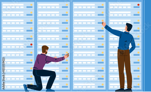 storage server racks vector. hardware infrastructure, cabinet enclosure, ventilation power storage server racks character. people flat cartoon illustration