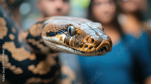 A massive coiled snake slithering in its glass enclosed exhibit at the zoo drawing curious and awestruck visitors gazing through the barrier at the captivating reptilian predator